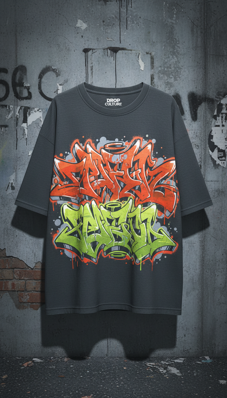 Oversized tee with neon graffiti art